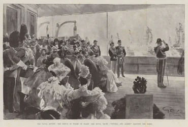 Die Marineparade, der Prinz von Wales an Bord der königlichen Yacht Victoria und Albert grüßt die Flotte